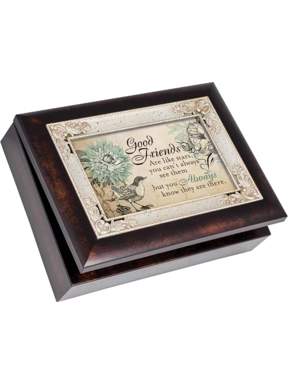 Charming Burlwood Jewelry Music Box - "Good Friends are Like Stars" Tune